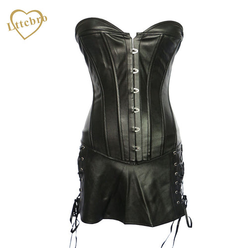 Gothic Faux Leather Corset Dress for dancer Burlesque Overbust Bustier Korsett Body Shaper corpete PU Corselet