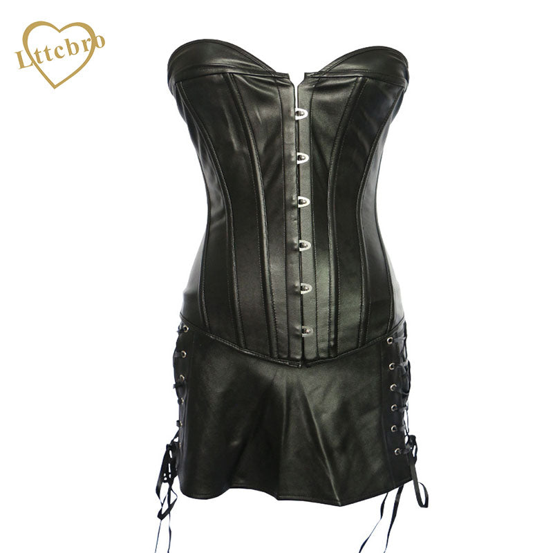 Gothic Faux Leather Corset Dress for dancer Burlesque Overbust Bustier Korsett Body Shaper corpete PU Corselet