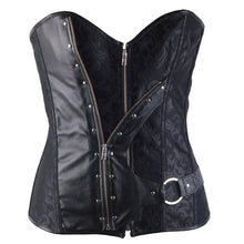 Women Jacquard Steampunk Overbust Corset Zipper Faux Leather Front Brocade Corset and Bustier Top Gothic Strapless Cotton lining