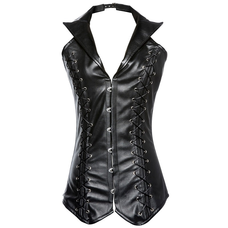 Red or Black Faux Leather Corset Vest & Matching G-String