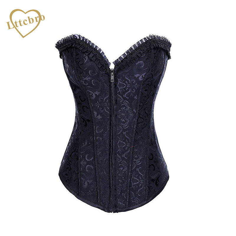 Black Steel Boned Embroidered Zipper Corset