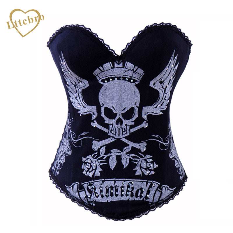 Skull Printing Black Elatic Plastic Boned Overbust Corset
