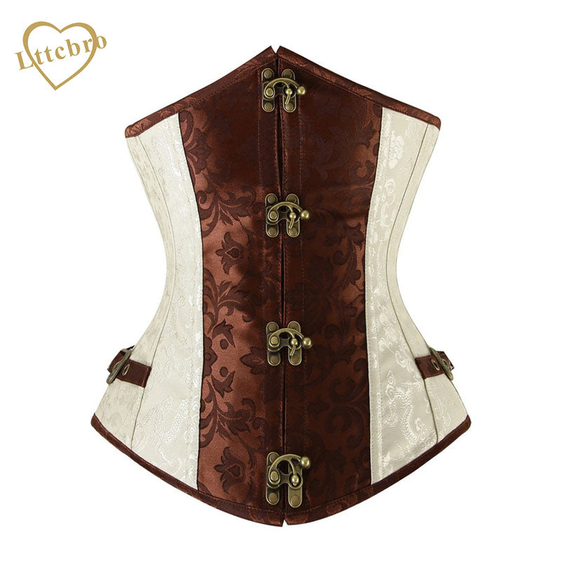 Brown and Lvory Underbust Corset Goth Buckle Highest Quality Flowers Pattern Steampunk Corset