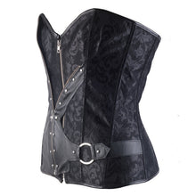 Women Jacquard Steampunk Overbust Corset Zipper Faux Leather Front Brocade Corset and Bustier Top Gothic Strapless Cotton lining