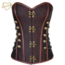 Waist Overbust Corset Steel Boned Corset Top Steampunk Corset Bustiers With Chain Gothic Bustier Spiral Boned Brown and Black