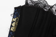 Gold Flower Brocade Metal Boning Corset with Lace Trim