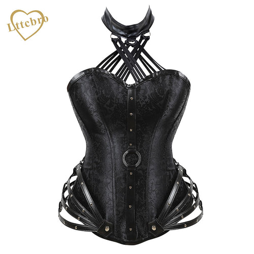 Womens Halloween Corsets Steampunk Goth Halter Faux Leather Brocade Steel Boned Bustier Waist Cincher Corset Top