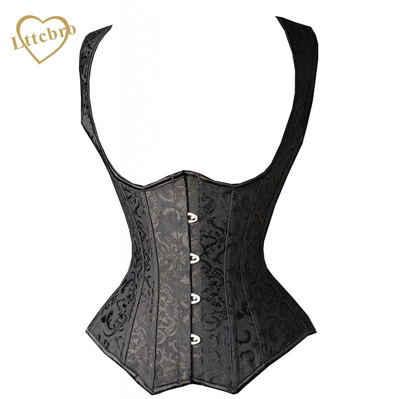 Women's Black Brocade Steel Boned Steampunk Tesla Underbust Corset Waist Cincher Vest S,M,L,XL,XXL,3XL,4XL,5XL,6XL Plus