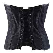 Women Jacquard Steampunk Overbust Corset Zipper Faux Leather Front Brocade Corset and Bustier Top Gothic Strapless Cotton lining