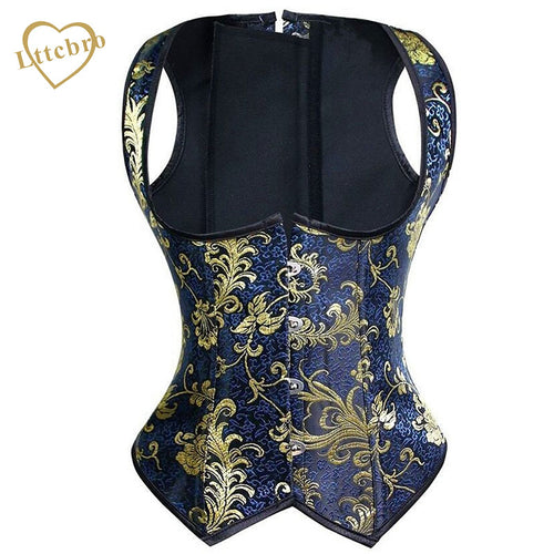 Women's Spiral Steel Boned Blue Floral Brocade Waist Cincher Underbust Corset Vest