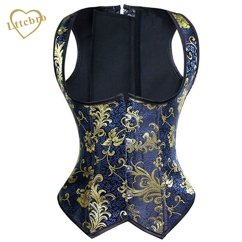 Women's Spiral Steel Boned Blue Floral Brocade Waist Cincher Underbust Corset Vest