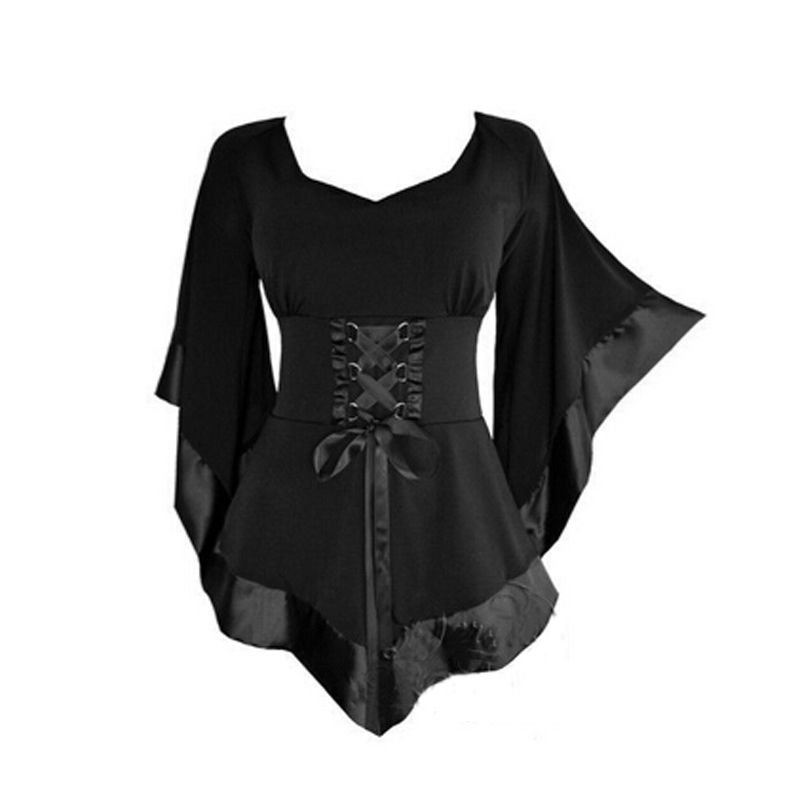 Womens Gothic Dress - Flared Sleeve Lace Up Loose Medieval Steampunk Costume Cosplay