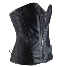 Women Jacquard Steampunk Overbust Corset Zipper Faux Leather Front Brocade Corset and Bustier Top Gothic Strapless Cotton lining