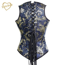 Women's Spiral Steel Boned Blue Floral Brocade Waist Cincher Underbust Corset Vest