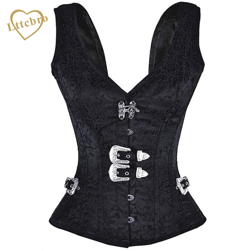 Black Brocade Corste Top Vest Sexy Clothing Waist Trainer Corset Gothic Waist Corsets Halloween Steel Boned Steampunk Clothing