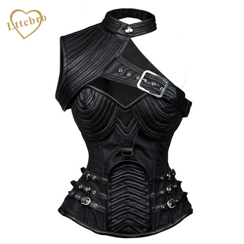 Women's Steampunk Steel Boned Faux Leather Buckles Vintage Bustier Top With Shoulder Burlesque Costumes Overbust Corset Jacket