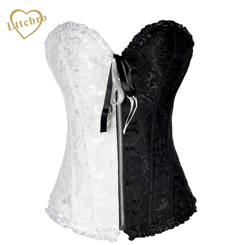 White and Black Front Zipper Corset Pleated Trim