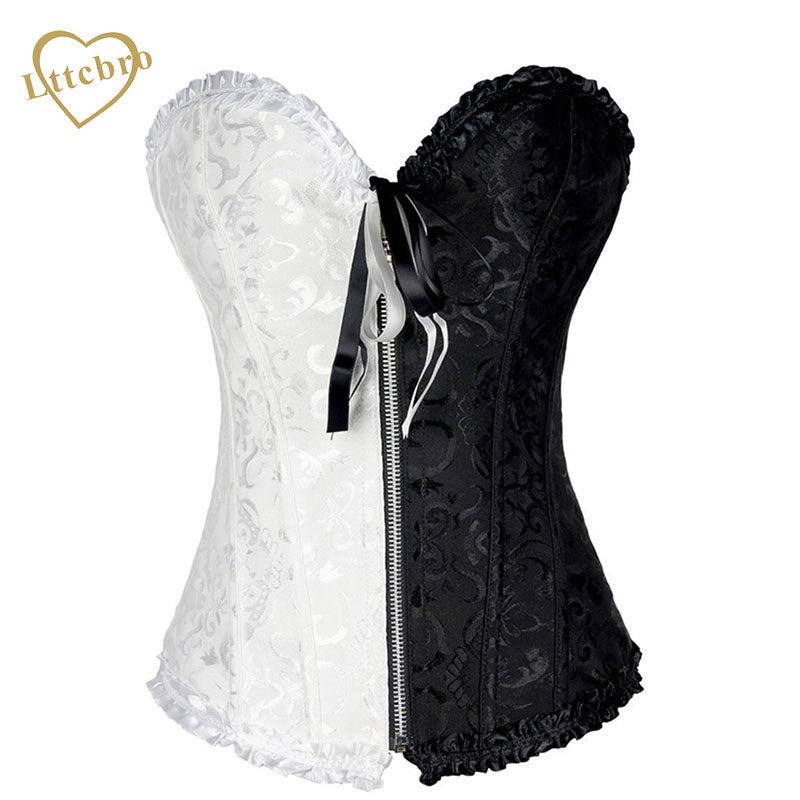 White and Black Front Zipper Corset Pleated Trim