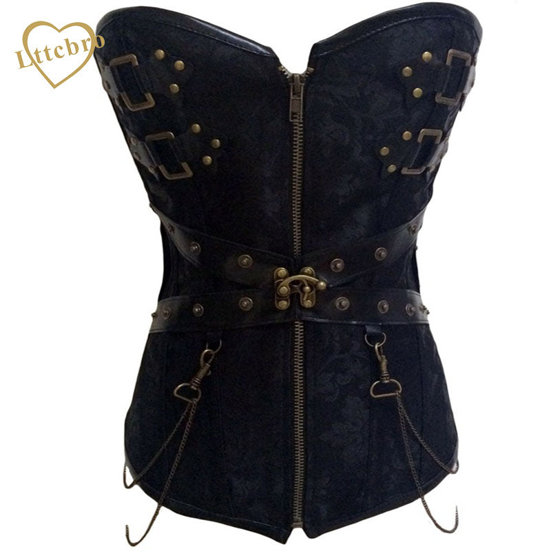Black Steampunk Corset Bustiers With Chain Gothic Bustier Steel Boned Corset Top Victorian Inspired Overbust Corset Faux Leathet