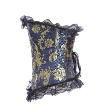 Gold Flower Brocade Metal Boning Corset with Lace Trim