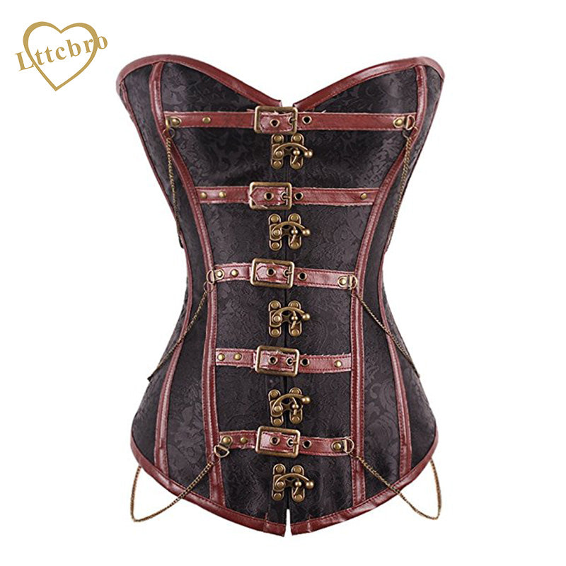 Brown Halloween Costume Corset Women's Spiral Steel Boned Steampunk Gothic Bustier Corset with Chains