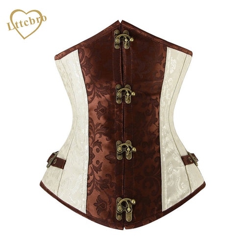 Brown and Lvory Underbust Corset Goth Buckle Highest Quality Flowers Pattern Steampunk Corset