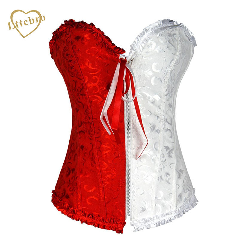 White and Red Front Zipper Corset Pleated Trim