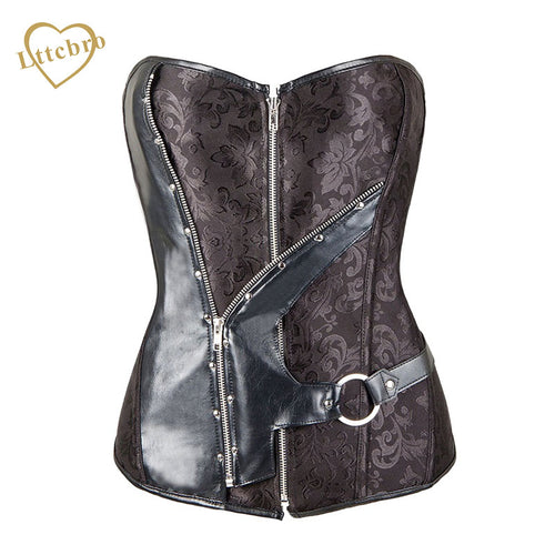 Women Jacquard Steampunk Overbust Corset Zipper Faux Leather Front Brocade Corset and Bustier Top Gothic Strapless Cotton lining