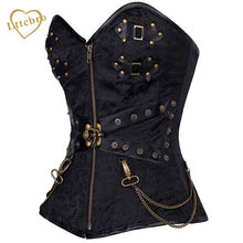 Black Steampunk Corset Bustiers With Chain Gothic Bustier Steel Boned Corset Top Victorian Inspired Overbust Corset Faux Leathet