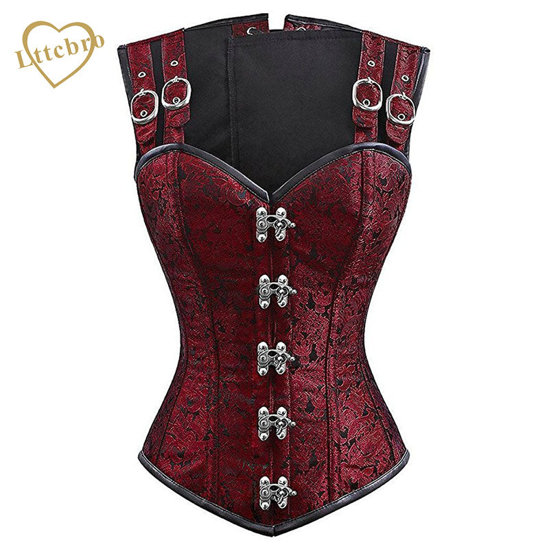 Steampunk Corset and Bustier Red Brocade Sexy Cupless Vest Corset Gothic Waist Corsets Steel Boned Cosplay Clothing