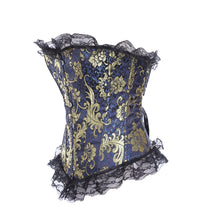Gold Flower Brocade Metal Boning Corset with Lace Trim