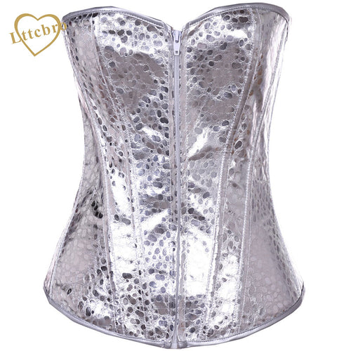 Silver Strapless Steampunk Faux Leather Overbust Corset