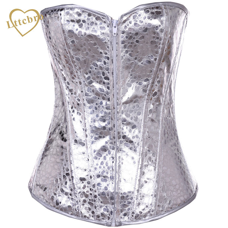 Silver Strapless Steampunk Faux Leather Overbust Corset
