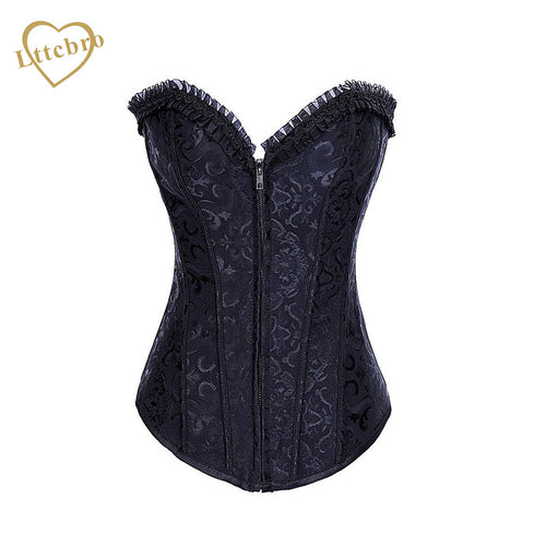 Black Steel Boned Embroidered Zipper Corset