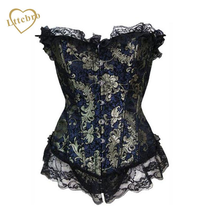 Gold Flower Brocade Metal Boning Corset with Lace Trim