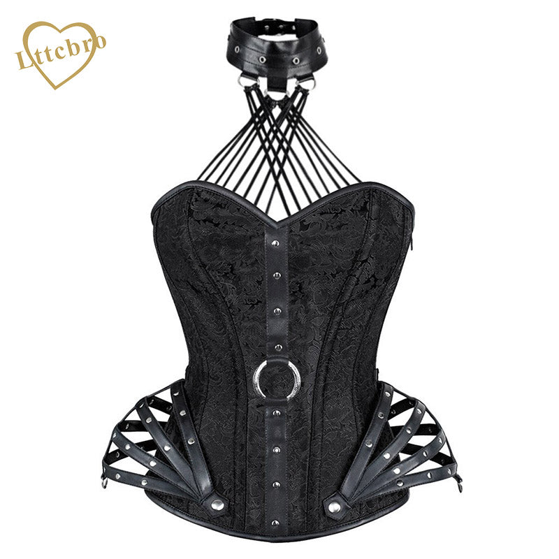 Womens Halloween Corsets Steampunk Goth Halter Faux Leather Brocade Steel Boned Bustier Waist Cincher Corset Top