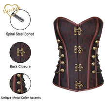 Waist Overbust Corset Steel Boned Corset Top Steampunk Corset Bustiers With Chain Gothic Bustier Spiral Boned Brown and Black