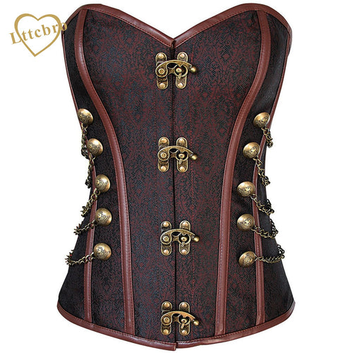 Waist Overbust Corset Steel Boned Corset Top Steampunk Corset Bustiers With Chain Gothic Bustier Spiral Boned Brown and Black